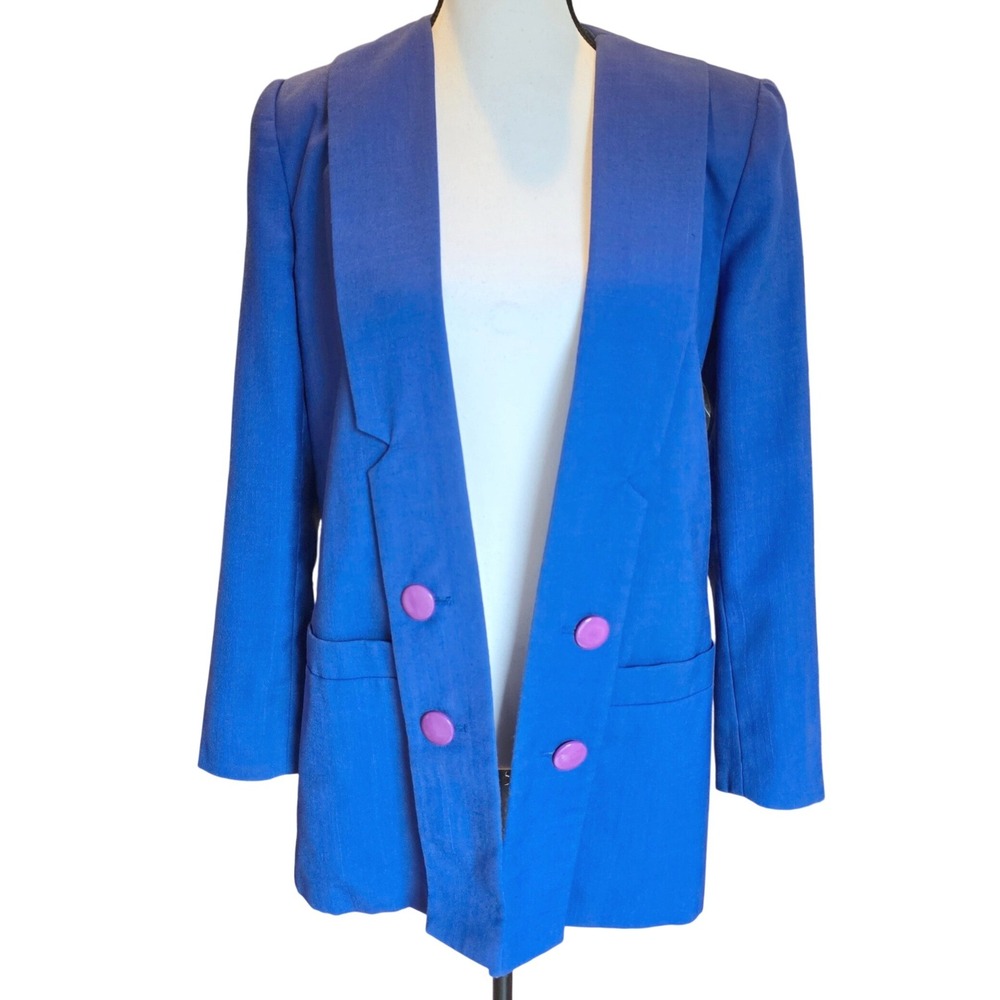 Vintage 80s Sassoon Royal Cobalt Blue Longline Blazer Jacket Purple Buttons Sz 8